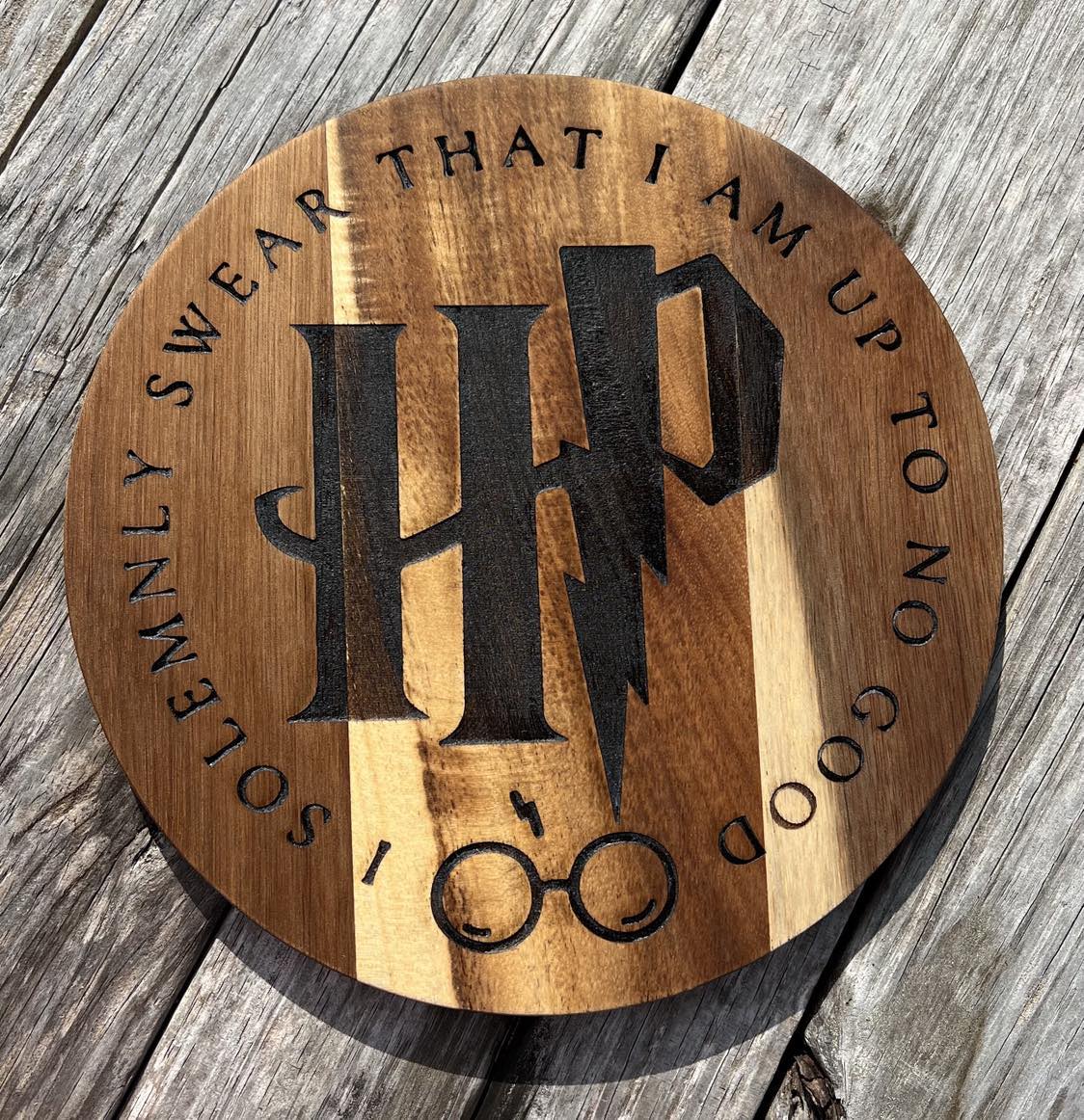 Custom Made Acacia Wood Trivet – Laser Engraved with Harry Potter "I Solemnly Swear That I Am Up To No Good" Design