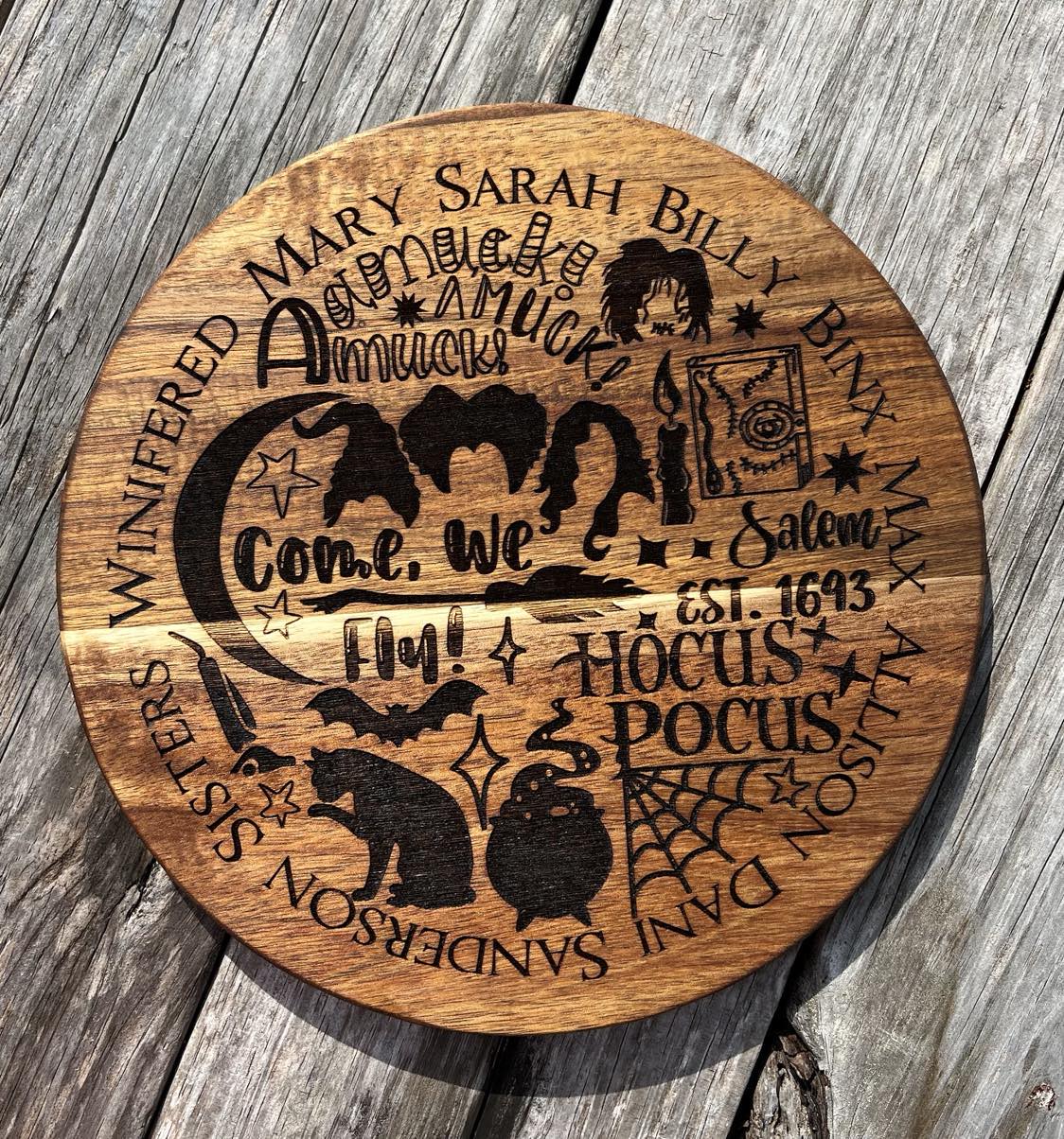 Custom Made Acacia Wood Trivet – Laser Engraved with Hocus Pocus Sanderson Sisters Design