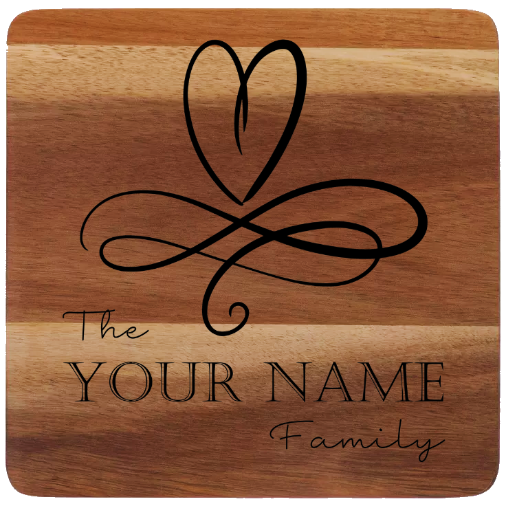 Custom Made Acacia Wood Trivet – Laser Engraved with Heart Design and Family Name