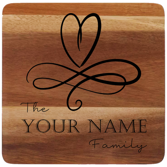 Custom Made Acacia Wood Trivet – Laser Engraved with Heart Design and Family Name