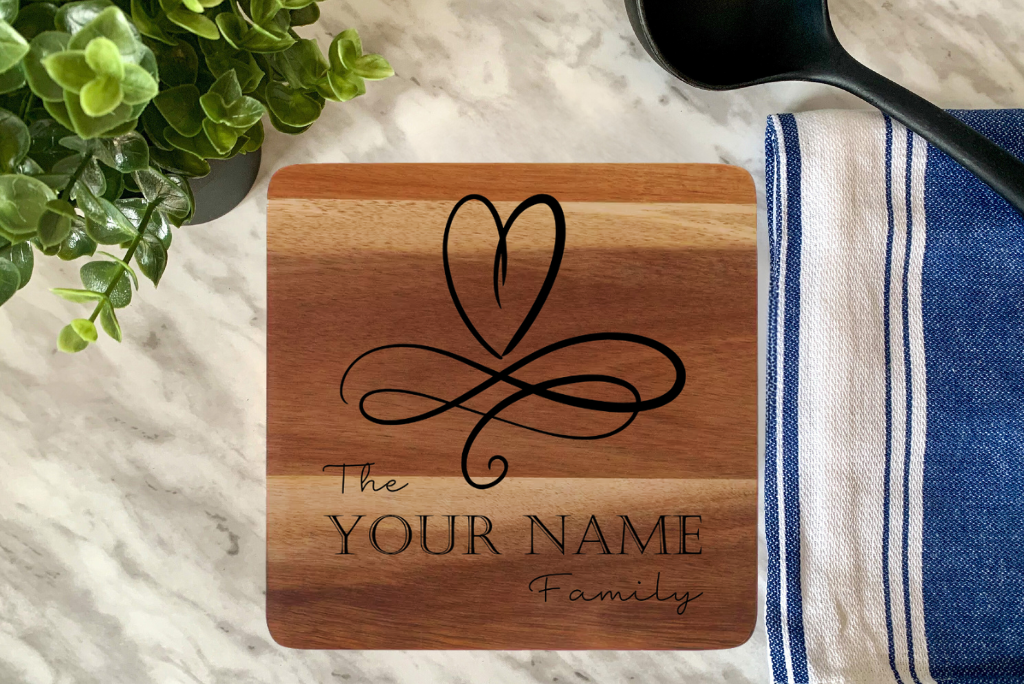 Custom Made Acacia Wood Trivet – Laser Engraved with Heart Design and Family Name