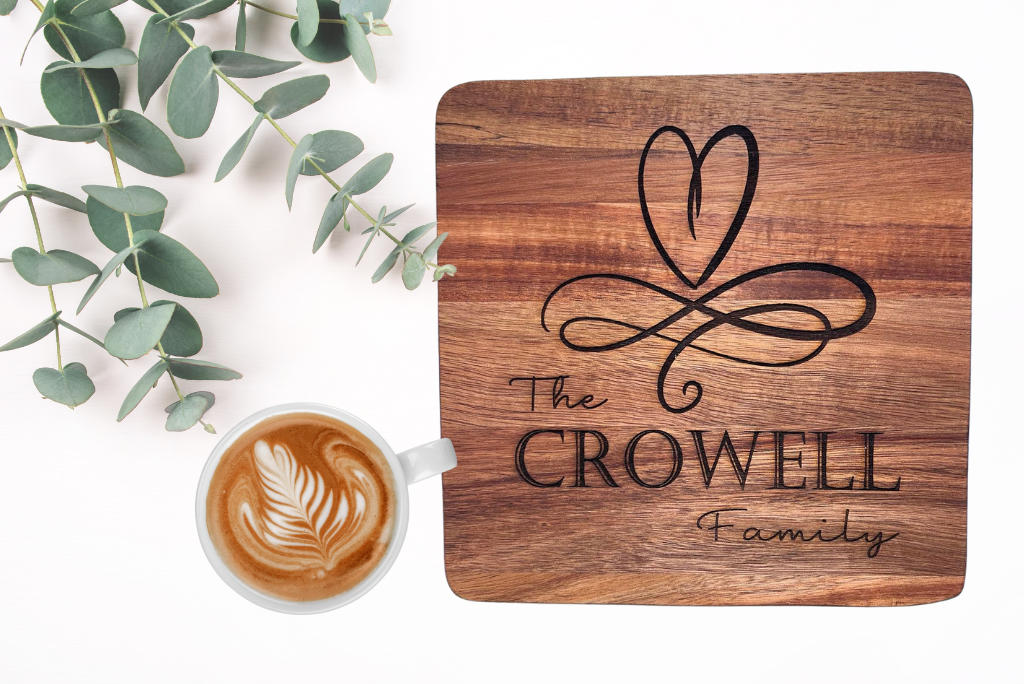 Custom Made Acacia Wood Trivet – Laser Engraved with Heart Design and Family Name