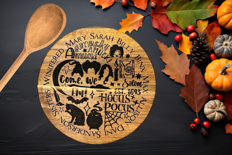 Custom Made Acacia Wood Trivet – Laser Engraved with Hocus Pocus Sanderson Sisters Design